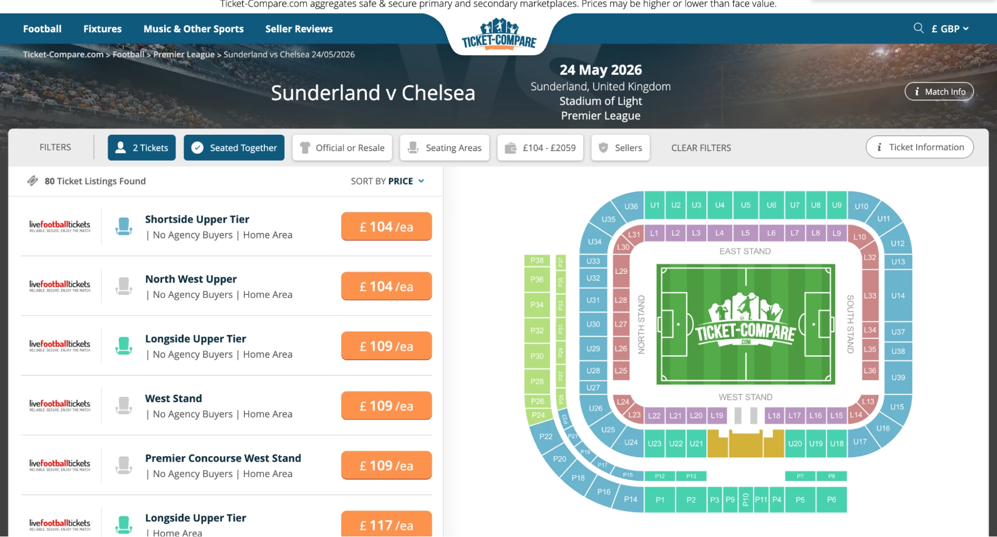 Screenshot of Sunderland v Chelsea tickets page on www.healtharomatherapy.com