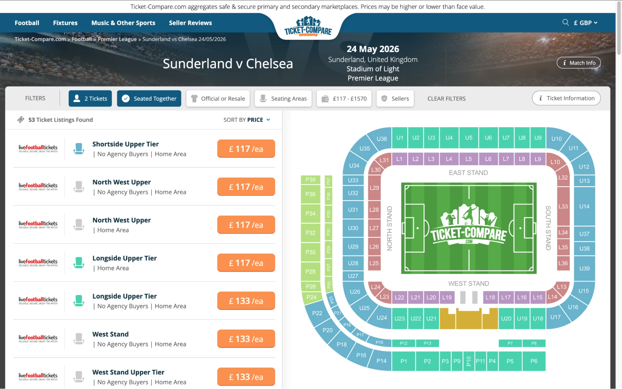 Screenshot of Sunderland v Chelsea tickets page on www.healtharomatherapy.com