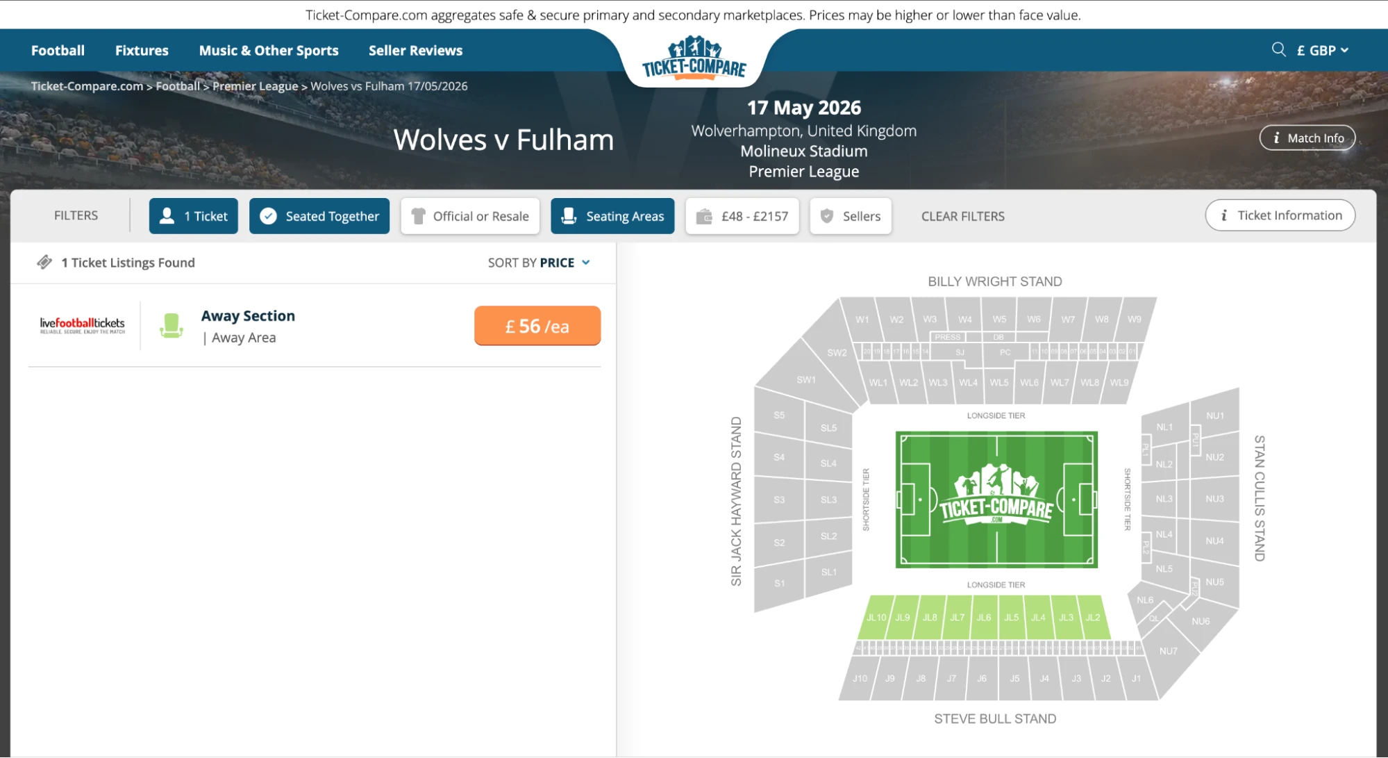 Screenshot of Wolves v Fulham tickets page on www.healtharomatherapy.com