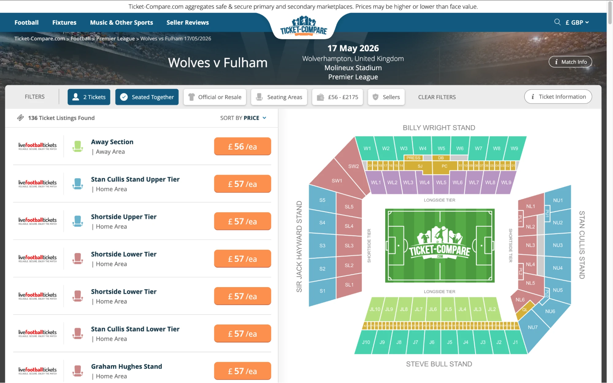 Screenshot of Wolves v Fulham tickets page on www.healtharomatherapy.com