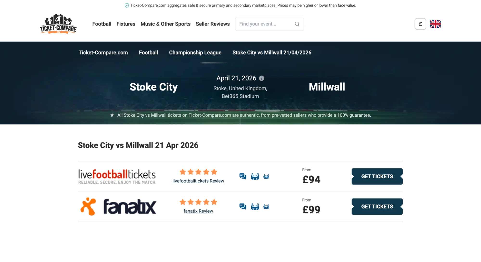 screenshot of Stoke City v Millwall tickets on www.healtharomatherapy.com